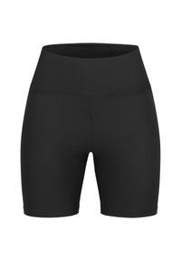 Shorts neri a coste con vita alta e una texture liscia. Il tessuto presenta un sottile motivo a coste verticali e ha cuciture cucite.