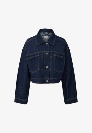 Donkerblauwe kortere spijkerjas met lange mouwen, knoopsluiting aan de voorkant, borstzakken en contrasterende stiksels.