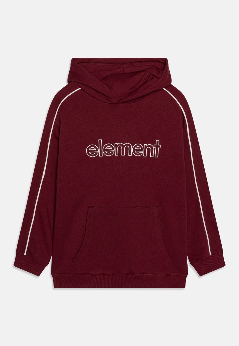 Burgundi kapucnis pulóver elülső zsebből, fehér díszcsíkokkal és fehér "element" logóval. Puha anyag, laza szabás és bordázott mandzsetta jellemzi.