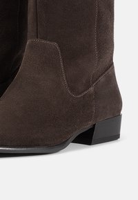 Botte cheville en daim marron avec un bout rond, un petit talon carré et des détails de couture minimalistes. Texture lisse et style western classique.