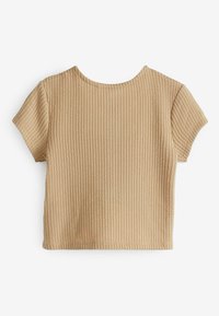 Beige ribbet crop top med korte ærmer, rund halsudskæring og struktureret stof. Enkel design med en glat finish.