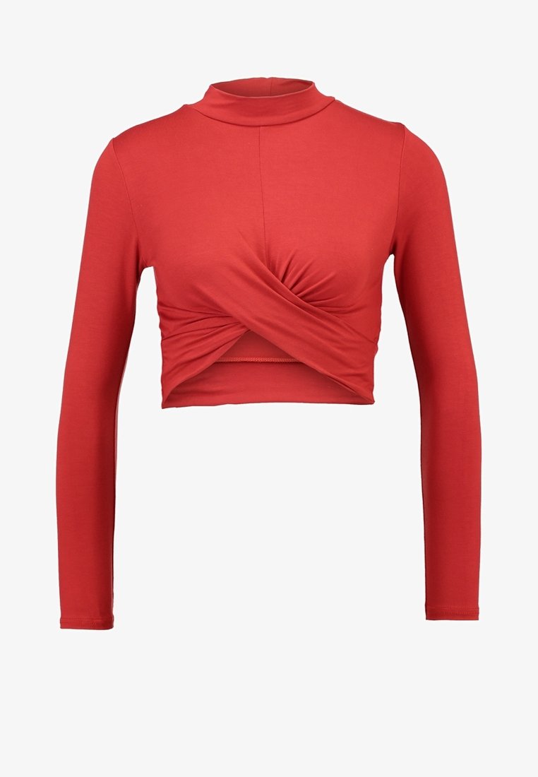 Red long-sleeve crop top featuring a high neckline, twisted front detail, and smooth, stretchy fabric for comfort.