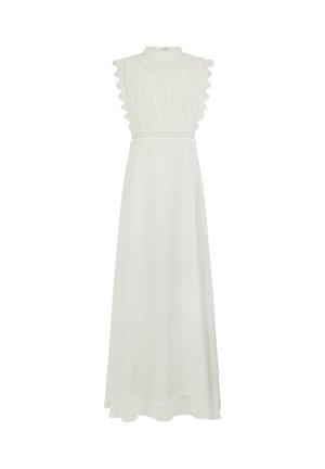 Vestito lungo bianco senza maniche con collo alto, dettagli in pizzo sul corpetto, bordi smerlati sulle spalle e gonna fluente.