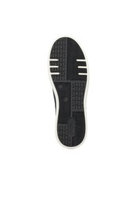 Black rubber sneaker sole with a textured grip pattern, featuring a white border and branding in the center. Designed for traction and durability.