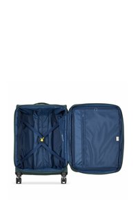 Valise rigide de couleur bleu foncé avec une texture lisse. L'intérieur comprend des sangles croisées et une poche en filet zippée pour une meilleure organisation.