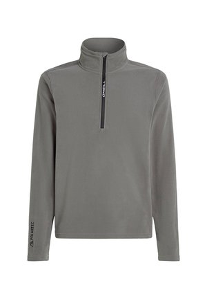 Szary polarowy golf z zamkiem błyskawicznym, długimi rękawami i logo na rękawie. Miękka tekstura i casualowy design.