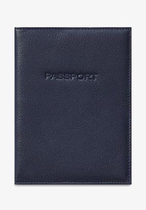 Navy leather passport holder with embossed "PASSPORT" text, featuring a textured surface and stitched edges for durability.