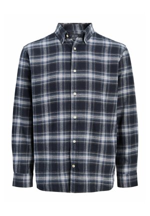 Chemise à manches longues boutonnée avec un motif à carreaux bleu marine et blanc et un col boutonné.