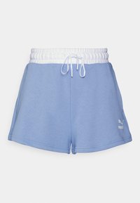 Light blue athletic shorts with a white elastic waistband and drawstring. Features side pockets and a small logo on the bottom right.