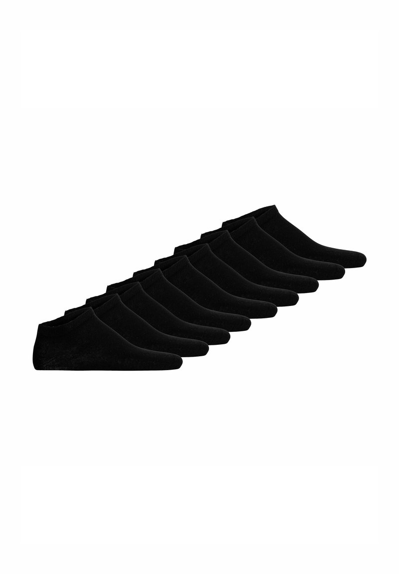 Calzini neri alla caviglia, dieci paia, tessuto morbido, design a taglio basso, punta senza cuciture, bordo elastico, adatti per abbigliamento casual o sportivo.