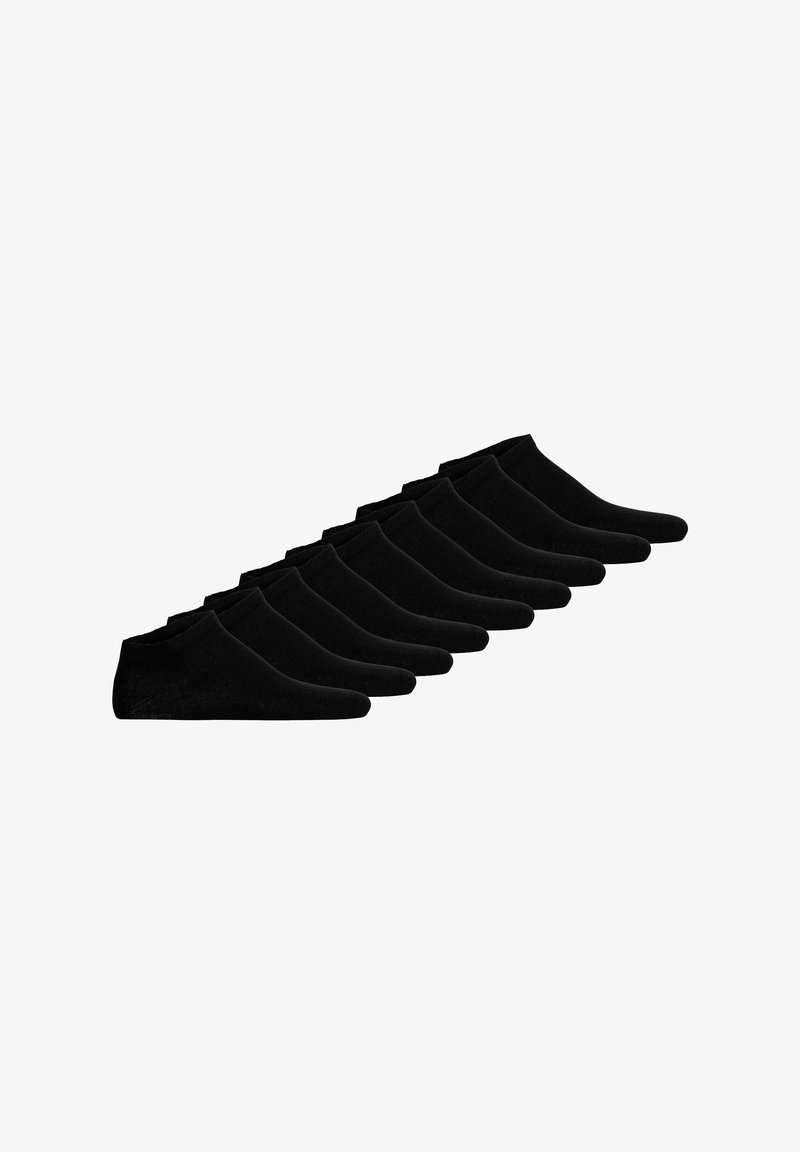 Sorte ankelstrømper, ti par, blødt materiale, lavt design, sømløs tå, strækbart bærestykke, velegnet til hverdag eller sport.