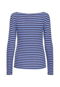 Langærmet top i lodrette blå og brune striber. Har en bred halsudskæring og ribbet tekstur, med slidte kanter ved manchetterne.