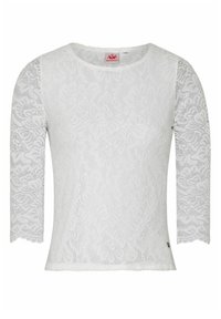 Weißes Spitzentop mit Dreiviertelärmeln, Rundhalsausschnitt, floralen Muster, gewellten Kanten und einem kleinen metallischen Akzent nahe dem Saum.