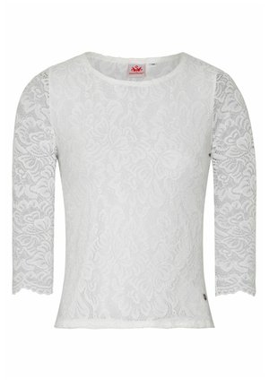 Witte kanttop met driekwartmouwen, ronde hals, bloemenpatroon, geschulpte randen en een kleine metalen acccent nabij de zoom.