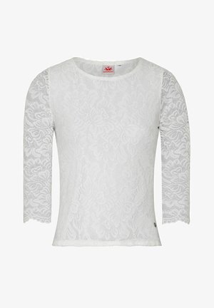 Weißes Spitzentop mit Dreiviertelärmeln, Rundhalsausschnitt, floralen Muster, gewellten Kanten und einem kleinen metallischen Akzent nahe dem Saum.