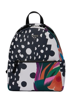 Zaino piccolo con pois astratti bianchi e neri e motivi floreali colorati, con tasca anteriore con zip e manico superiore.