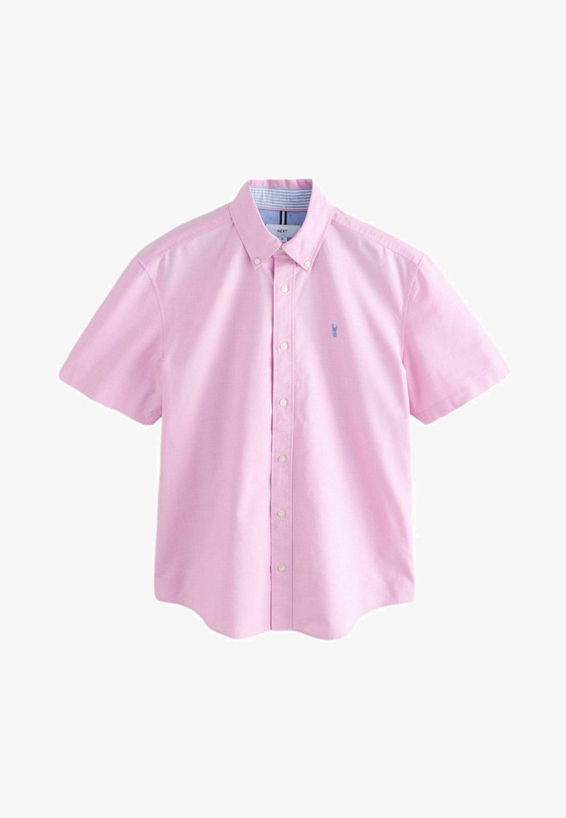 Herre kortærmet skjorte med knapper i lys pink med et lille blåt broderet hummerlogo på venstre bryst.