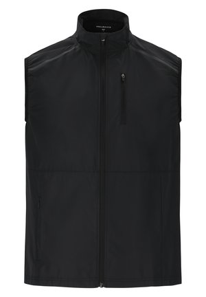 Sort ærmeløs vest lavet af glat, let materiale. Har en frontlynlås, en brystlomme og to sidelommer. Enkel design.