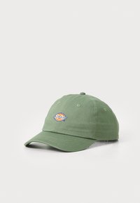 Green cotton baseball cap with a stitched logo patch in red, yellow, and blue. Features a curved brim and adjustable strap at the back.