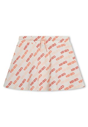 Shorts blancs avec un imprimé logo "KENZO" rouge et orange sur toute la surface, dotés d'une taille élastique et de détails à cordon de serrage à l'avant.