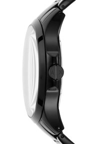 Montre analogique noire avec un boîtier arrondi, une surface texturée et une grande couronne portant le marquage "AX" sur le côté.