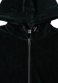 Hoodie en velours côtelé vert foncé avec une fermeture éclair à l'avant, une capuche et deux accents métalliques au niveau du col. Tissu texturé avec des côtes verticales.
