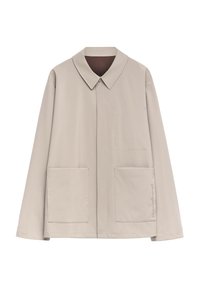 Lichtbeige jasje met een puntige kraag, lange mouwen, twee voorzakken en minimalistische stikdetail aan de zijkant. Soepele textuur.