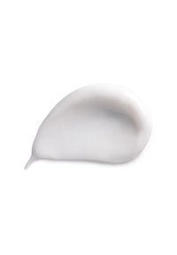 Weiße Creme oder Lotion, glatte Textur, glänzendes Finish, mit einer tropfenförmigen Kontur und einem kleinen Schwanz an einem Ende auf einem weißen Hintergrund.