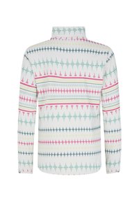 Chemise à manches longues présentant un fond blanc avec des motifs géométriques en rose, vert, jaune et bleu. Col montant et ourlet droit.