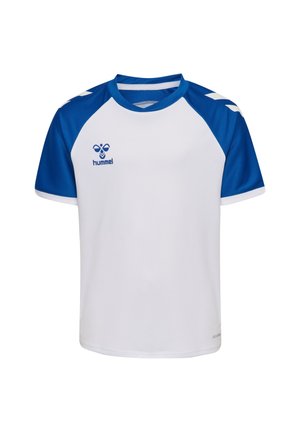 Weißes Sporttrikot mit kurzen Ärmeln, blauen Akzenten und Raglanärmeln. Mit Rundhalsausschnitt und Markenlogo auf der Vorderseite. Leichtes Material.