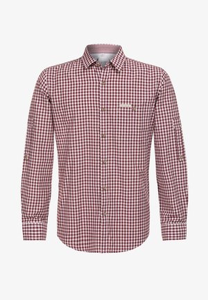 Kariertes Langarmhemd in Rot und Weiß mit Button-Down-Kragen, ausgestattet mit einer Brusttasche und abgerundetem Saum, aus gewebtem Stoff.