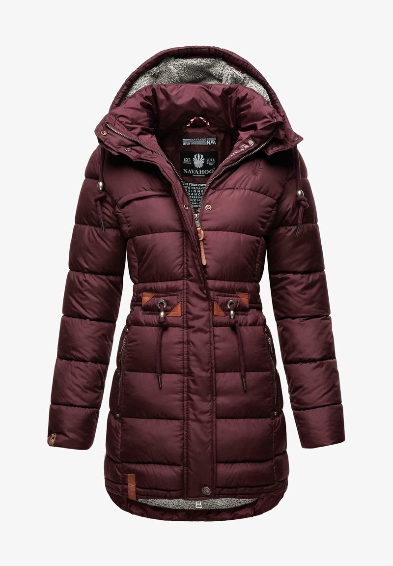 Maroon puffer jacket with a fur-lined hood, zip closure, drawstring waist, and brown leather accents. Features zippered side pockets.