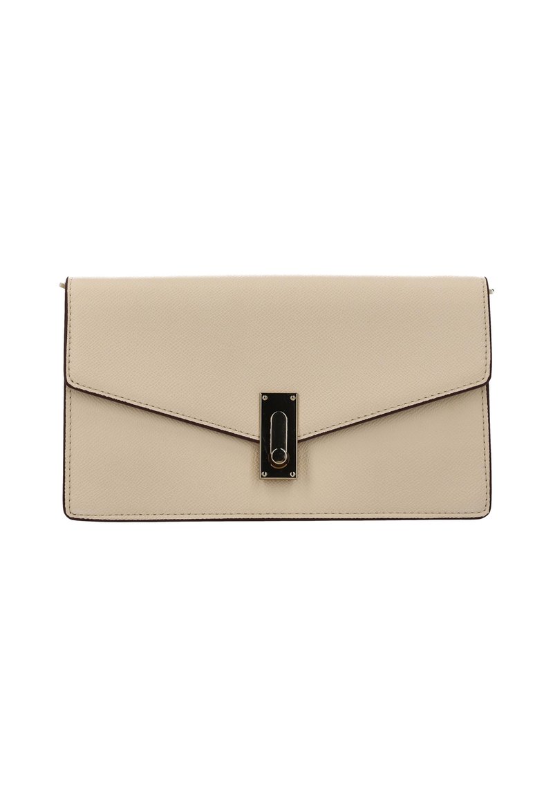 Beige rechthoekige leren clutch met een gestructureerd oppervlak, envelopvormige klep, donkere randafwerking en centrale metalen draaisluiting.