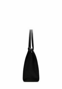 Borsa a mano nera in pelle con forma triangolare, dotata di due manici piatti e una superficie testurizzata, senza hardware o dettagli visibili.