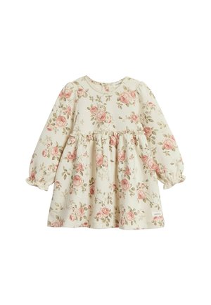 Blomstret bomulds-kjole med lange puffærmer, cremet bundfarve, pink roser og grønne blade. Samlet talje, rund halsudskæring og elastiske manchetter.