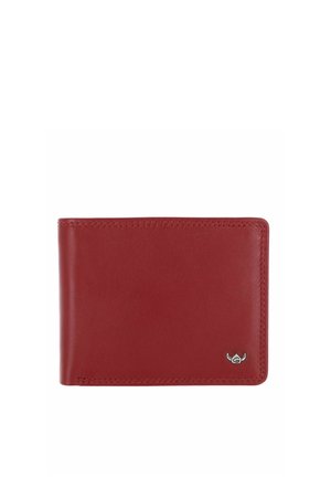 Red leather bifold wallet with visible stitching and a small silver emblem in the lower right corner on a white background.