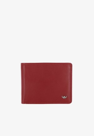 Red leather bifold wallet with visible stitching and a small silver emblem in the lower right corner on a white background.