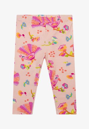 Roze legging met een bloem- en vogelmotief in paars, oranje en groen. Zachte stof met elastische tailleband en aansluitende pasvorm.