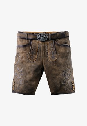 Pantaloni corti in pelle marrone con motivi floreali ricamati, cuciture a contrasto, una cintura con fibbia decorativa e dettagli con bottoni sui lati.