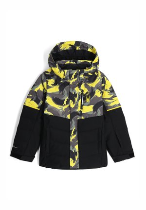 Giacca imbottita con una parte inferiore nera e un motivo multicolore giallo e grigio sulla parte superiore. Dotata di cappuccio e tasca con zip.