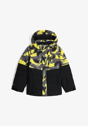 Veste matelassée avec une partie inférieure noire et un motif multicolore jaune et gris sur la partie supérieure. Comprend une capuche et une poche zippée.