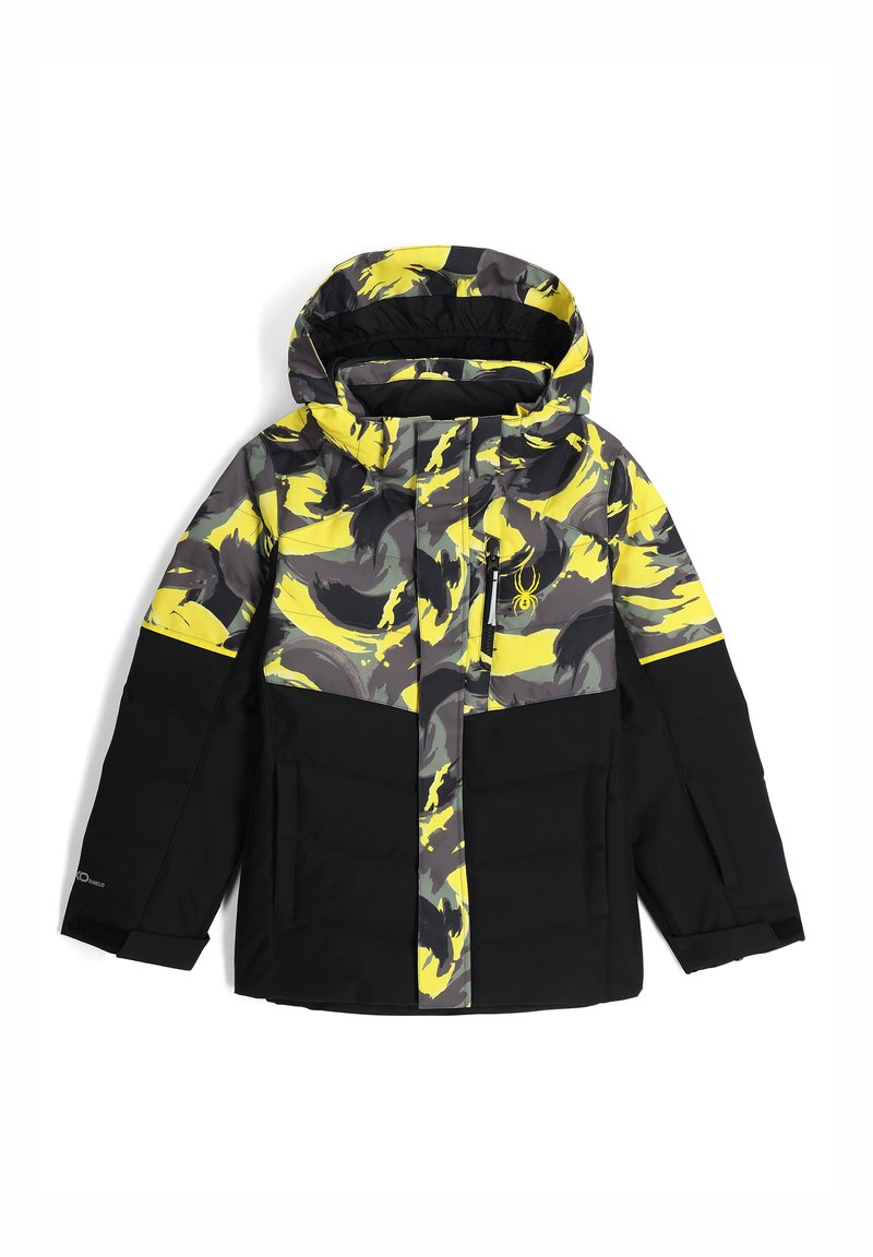 Giacca imbottita con una parte inferiore nera e un motivo multicolore giallo e grigio sulla parte superiore. Dotata di cappuccio e tasca con zip.