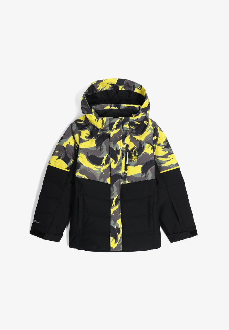 Giacca imbottita con una parte inferiore nera e un motivo multicolore giallo e grigio sulla parte superiore. Dotata di cappuccio e tasca con zip.