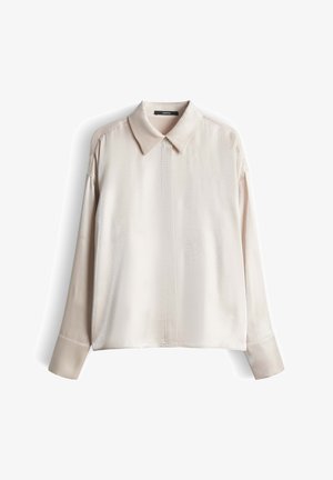 Hellbeige Satinbluse mit klassischem Kragen, langen Ärmeln und geradem Schnitt. Sie zeichnet sich durch einen dezenten Glanz und eine glatte Textur aus.