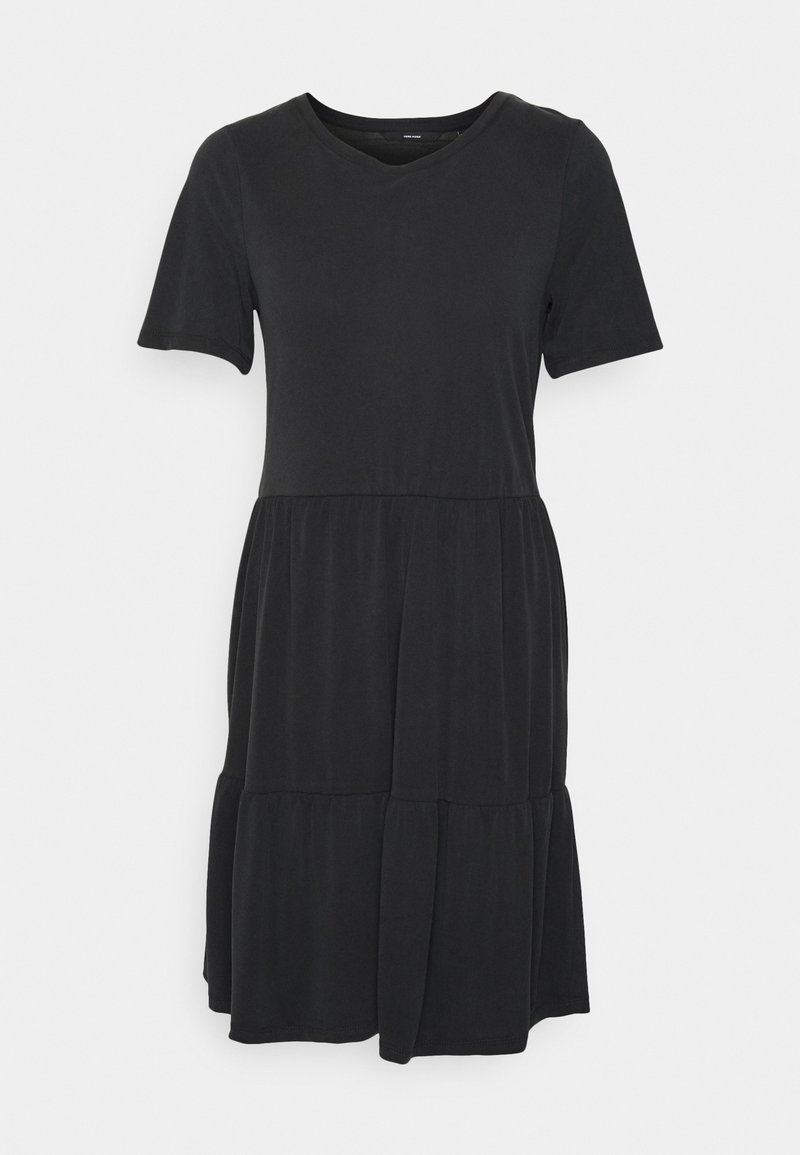 Vestido preto de mangas curtas em tecido macio, com decote em V, corpete justo e saia rodada em camadas. Design simples e sólido, sem padrões.