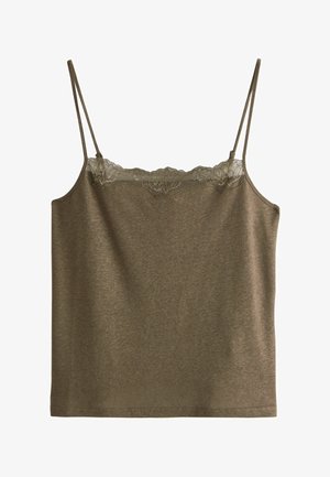 Hnědý tílko bez rukávů s tenkými ramínky a krajkou podél hranatého výstřihu na bílém pozadí.