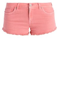 Roze spijkershorts met een rafelige zoom, ontwerp met vijf zakken en een knoopsluiting aan de voorkant. De stof heeft een gladde textuur en een casual pasvorm.