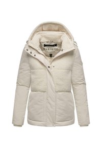 Witte pufferjack met een zachte, verfijnde fleece bovenpaneel, ritssluiting aan de voorkant en een capuchon. Voorzien van drukknoopsluitingen en een gladde afwerking.