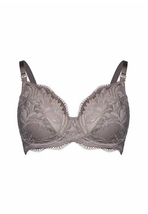 Koronkowy biustonosz z fiszbinami w stonowanym kolorze mauve z kwiatowymi wzorami, regulowanymi ramiączkami i siateczkową lamówką na krawędziach.