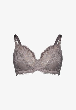 Koronkowy biustonosz z fiszbinami w stonowanym kolorze mauve z kwiatowymi wzorami, regulowanymi ramiączkami i siateczkową lamówką na krawędziach.